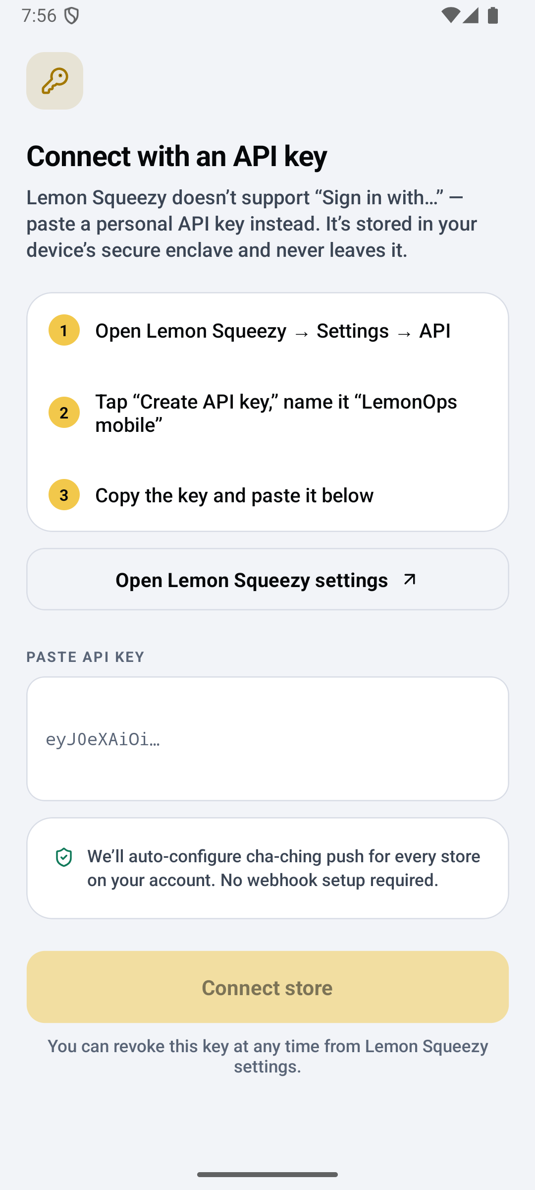 LemonOps connect screen